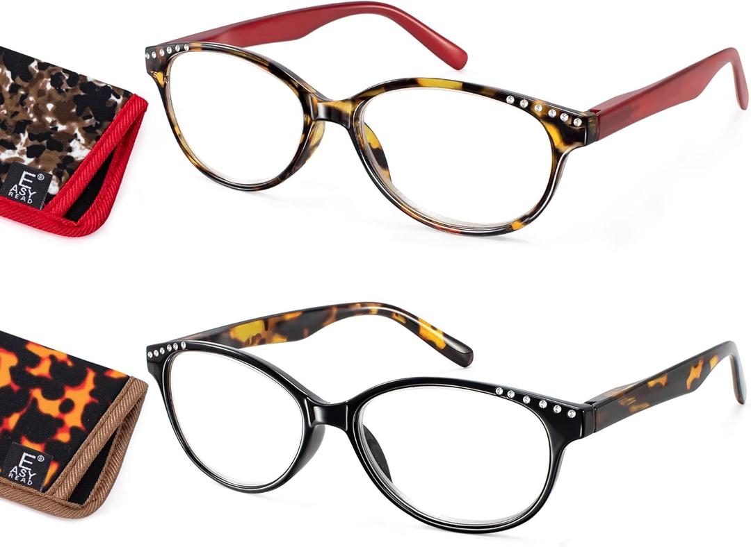 EASY READ 2 Pairs High Magnification Power Reading Glasses for Women,Stylish Lightweight Readers for Women with Spring Hinge (Black/Red)