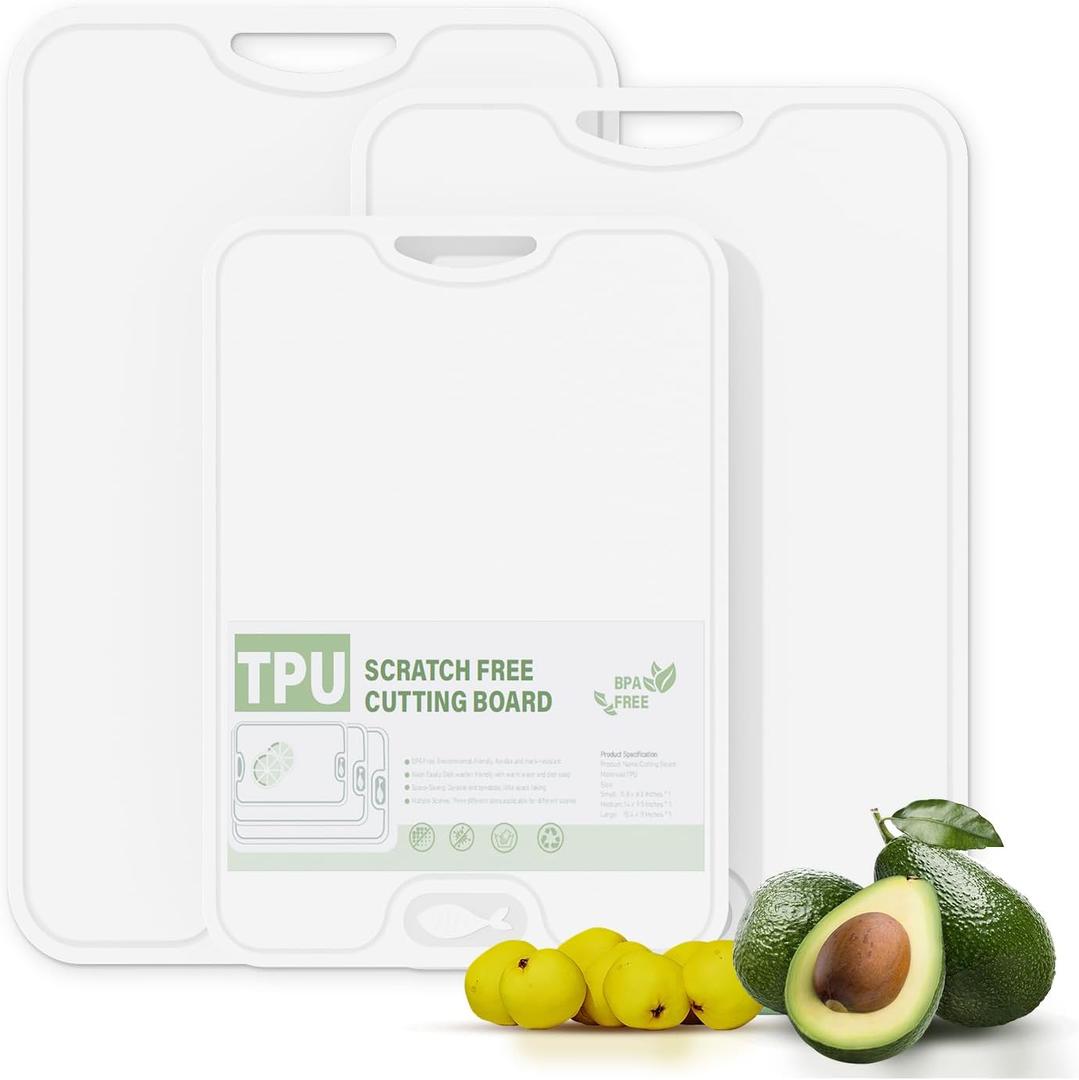 TPU Cutting Board for Kitchen, Safe Chopping Boards Set of 3, Non Slip Flexible Cutting Boards with Juice Groove, Knife Mark Resistant Chopping Mat, 2 Sided Cutting Mats, BPA Free, Dishwasher Safe (White-3 Pack)
