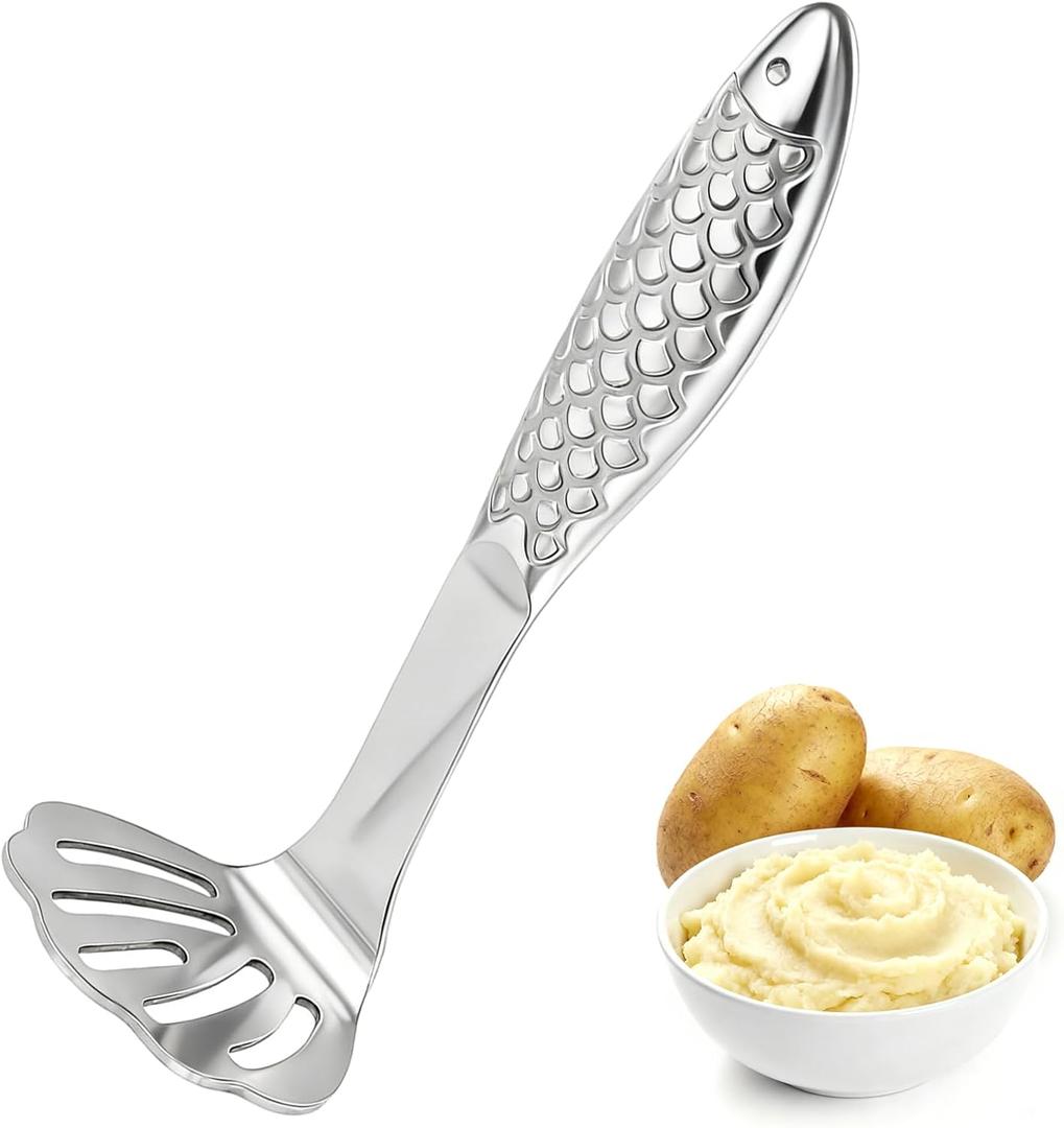Fish-Shaped Potato Masher & Potato Smasher  Effortless Stainless Steel Potato Ricer with Ergonomic One-Piece Non-Slip Handle, Break-Resistant Masher Kitchen Tool for Potatoes, Avocados, Eggs & More