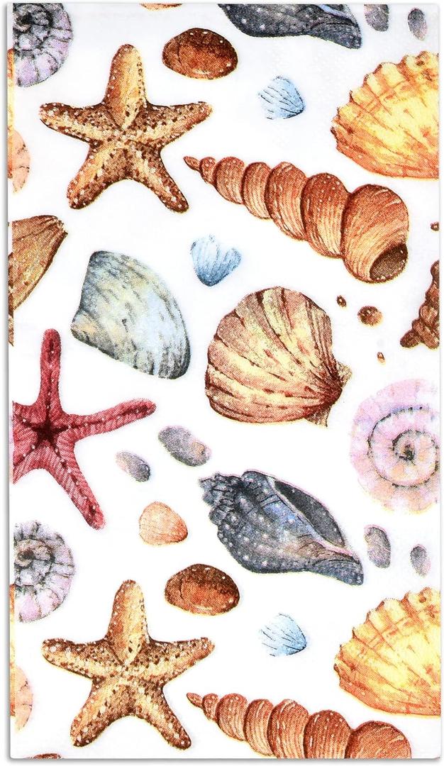 Seashell Guest Napkins 100 Pack Beach Shell Paper Napkins Disposable Bathroom Party Dinner Table Decor Summer Nautical Sea Life Design