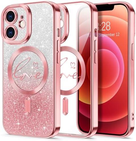 Hython for iPhone 12 Case Glitter, Compatible with MagSafe Love Heart Magnetic Clear Phone Cases for Women Girls, Full Camera Protection Sparkle Plating Shockproof Protective Cover, Pink