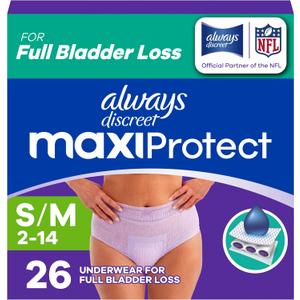 Always Discreet MaxiProtect Adult Diapers for Women, Incontinence Underwear, Scented, Postpartum Essentials, Bladder Leak Protection, Disposable Briefs, Maximum Plus Absorbency, Size S/M, 26 Count