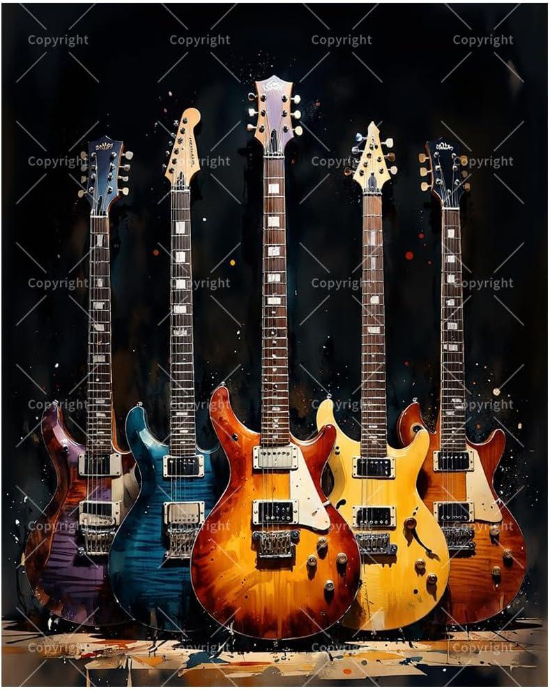 Electric Guitar Collection Paint by Numbers Kit for Adults - DIY Colorful Guitar Display Painting on Canvas 16x20In, Framed Acrylic Paint Set, Suitable for Beginners, Musical Art for Home Decoration