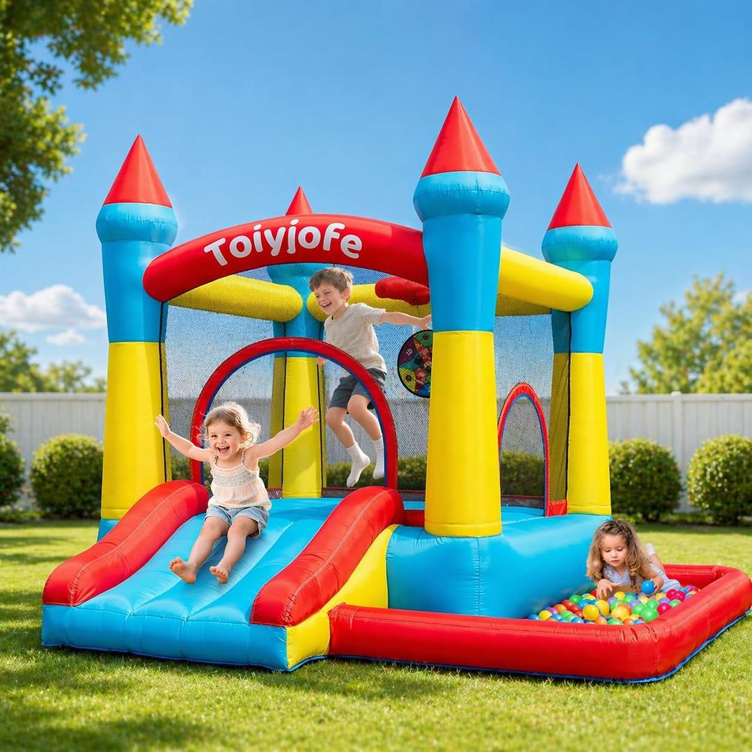 Bounce House for Kids 3-6, with Slide & Ball Pit & Hoop, 5-in-1 Small Indoor Outdoor Inflatable Bouncy Castle, Toddler Jump House for Backyard Family Home Birthday Party, Includes 370W Blower