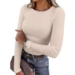 ANRABESS Women Long Sleeve Shirts Rib Knit Slim Fit Tops Basic Tee Spring Outfits Casual T-Shirt Underscrubs Layer Clothes (Beige, XL)