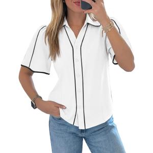 Tankaneo Womens Puff Short Sleeve Button Down Shirts Summer V Neck Color Block Tops Dressy Casual Blouse (White, S)