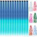 Colored Hair Extensions, 22 Inch Straight Clip in Hair Extension Body Face Hair Glitter Multi Color Rainbow Pink Red Hairpiece Extensions for Kids Girls Women (Glitter+Ombre Royal Blue Aquamarine)