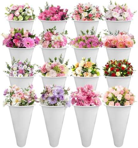 16 Pcs Plastic Flower Buckets, 14.5 Inch Tall Floral Bucket for Cut Flowers, Multipurpose Plastic Flower Vase for Flower Display Stand Patio Garden, Living Room, Home Wedding Decorations (White)