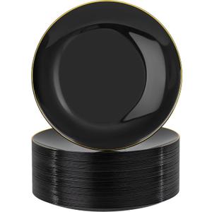 Nervure 100PCS Black and Gold Plastic Plates - 10.25 inch Black Disposable Plates - Gold Rim Dinner Plate - Black Dinner Plate Ideal for Wedding & Party