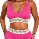Herseas Women High Waisted Bikini Sets Swimsuits Color Block 2 Piece Drawstring V Neck 2025 Beach Bathing Swim Suit (Pink, S)