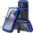 Compatible with iPhone 17 Pro Metal Case, Military Grade Heavy Duty Aluminum Rugged Cover with Screen Protector Stand Camera Control Shockproof Dustproof Full Body Protection for Men (Blue)