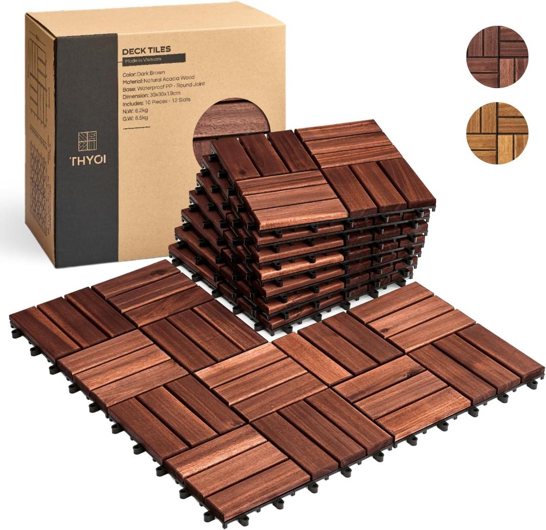 THYOI 10 Pcs Premium Acacia Wood Interlocking Deck Tiles (12" x 12"), Deck Flooring Outdoor Waterproof All Weather, Tiles for Patio, decking for Indoor and Outdoor use (Dark Brown 12S, 10 Square Ft)