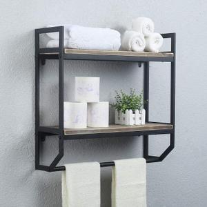 Towel Rack with Towel Bar,2-Tier 24" Bathroom Shelves Wall Mounted, Rustic Wall Shelf Over Toilet, Utility Storage Shelf Rack, Floating Shelves Towel Holder, Black