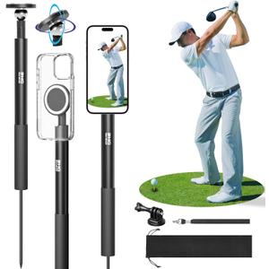 Golf Monopod Stick, Golf Swing Phone Holder, 46" Magnetic Aluminum Alloy Selfie Stick w/Spike Stake Mount, Compatible w/iPhone Camera Magsafe, Adjustable Heigh Tripod, Golf Training Aid