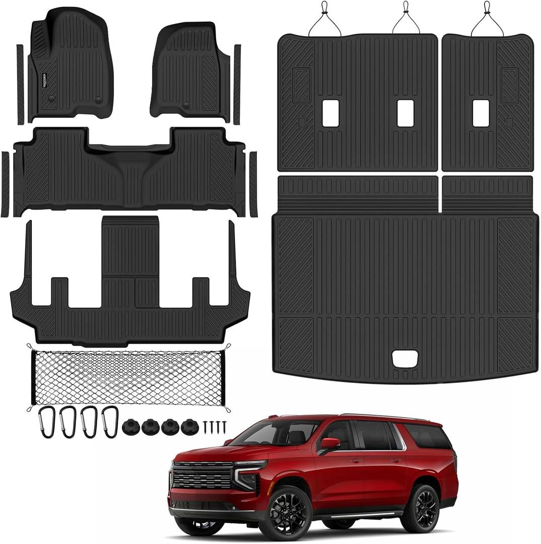 Tongama-Floor Mats for 2025 2026 Chevy Suburban/GMC Yukon XL 7 Seats with Bucket Seat, All Weather TPE Trunk Mat & 3rd Row Backrest Mats & Cargo Net & Door Sill Guards for Suburban Accessories