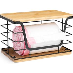 ALOCEO Large Wire Basket for Kitchen Pantry, Stainless Steel Kitchen Counter Organizer for Potato Onion, Trash Bag Dispenser Under Sink with Bamboo Top, Black (1-Pack - XL Bamboo Bottom Black)