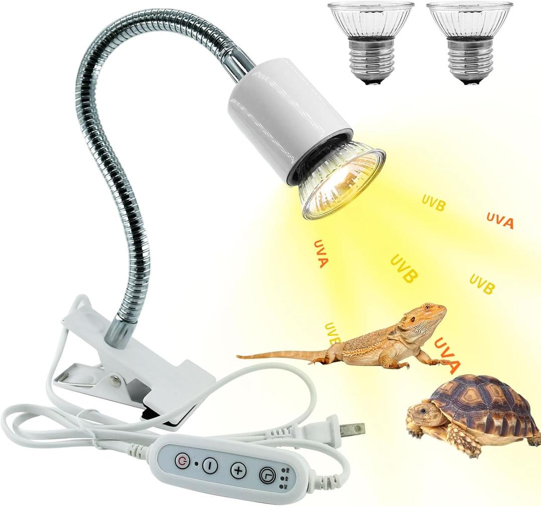 Reptile Heat Lamp,UVA UVB Reptile Light with 360°Rotatable Hose and Timed with 2 Bulbs(25W,50W),Basking Calcium Light Heat Lamp Bulbs for Turtle,Bearded Dragon,Lizard,Snake Tank(White)