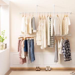 Industrial Pipe Clothing rack,Clothes Rack for Hanging Clothes,Wall Mounted Closet Rack For Hanging Clothes, White Garment Rack for Indoor & Boutique Store Clothing Display