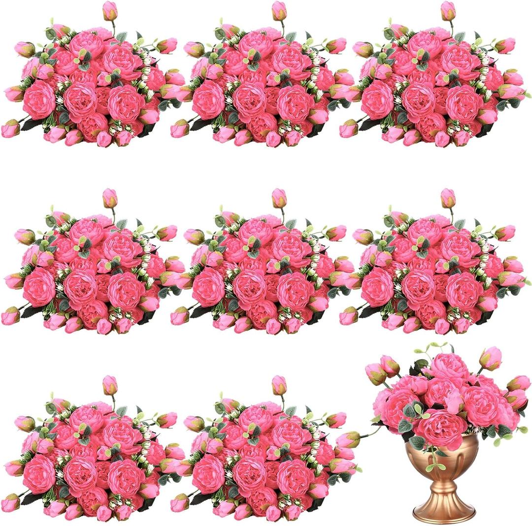 Hoteam 24 Bundles Artificial Peonies Flowers Wedding Faux Flowers Silk Peony Bouquet Bulk Bride Fake Florals Arrangements for Table Centerpieces Wedding Party Vase Decor (Hot Pink)