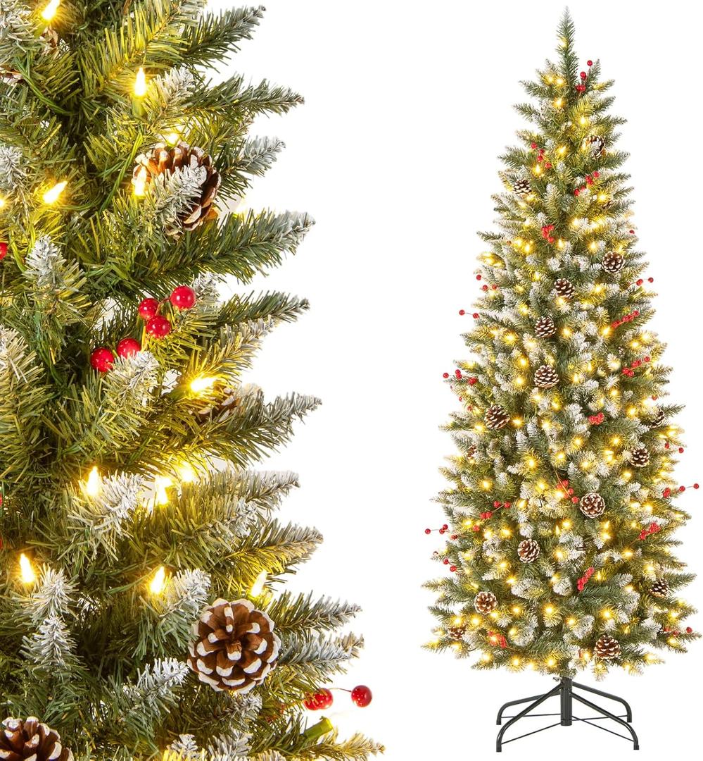 6ft Pre-lit Artificial Christmas Tree Slim Artificial Xmas Tree with 300 LED Light