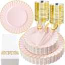 Ciaell 175 PCS Pink Scalloped Plastic Plates with Gold Trim - Pink Plastic Silverware with Handle - Fancy High-End Dinnerware Sets for Wedding & Baby Showers & Party