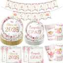 Floral Graduation Decorations 2026: Congrats Grad Plates and Napkins 2026 Class of 2026 Graduation Party Supplies Pink and Gold Flower Graduation Decorations 2026