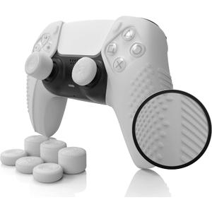 SensePro PS5 Controller Skin | Dock Compatible, Soft Flat Anti-Slip Studded Silicone Gel Grip Cover for Playstation 5 Dualsense, Rubber Protector Plus 8 Raised Thumb Grip Caps (PS5 White)