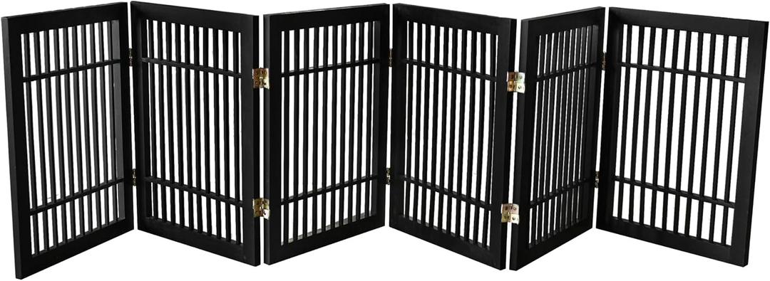 Urnporium Pet Dog Gate Freestanding, Strong Durable Folding Wooden Fence, Portable Acacia Hardwood Safety Barrier for Indoor & Outdoor Use (Black Pet Gate, 6 Panel 24" Tall)