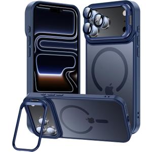 for iPhone 17 Pro Max Case, Fits MagSafe, with Built-in Camera Ring Stand & Lens Protector, Slim Translucent Matte Military-Grade Drop Protection Magnetic Cover, Deep Blue