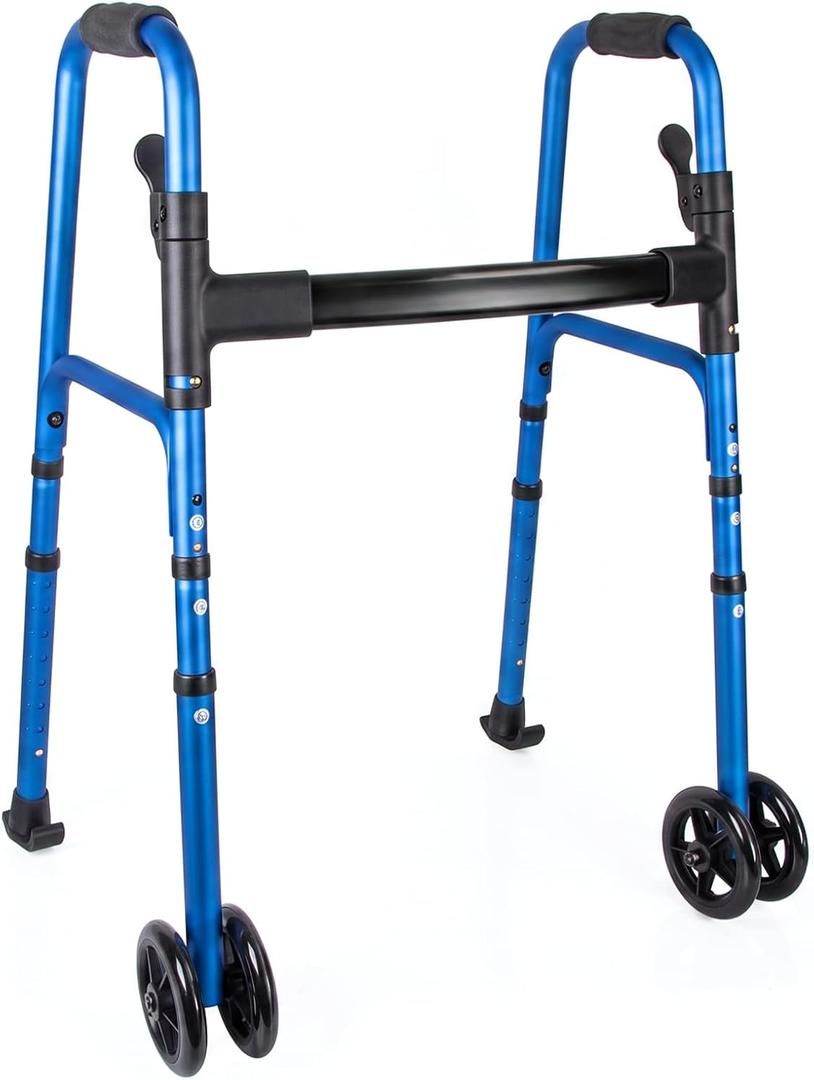 Walkers for Seniors & Adults, Folding Mobility Frame with 2 Skis & Dual 5 Inch Wheels, Lightweight Adjustable Height, Compact Standard Design, Blue