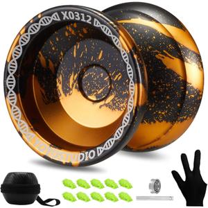 YOYOSTUDIO X0312 Unresponsive Finger Spin Yoyo Professional, Responsive Yoyo for Adults Kids, Trick Yoyos Professional with Yo Yo Bearing Kit, 10 YoYo Strings, Case & Glove (Black Gold Blue)