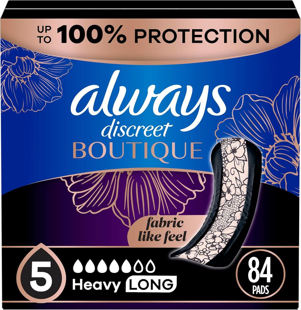 Always Discreet Boutique Adult Incontinence & Postpartum Pads For Women, Size 5, Heavy Long Abondant longues, 28 Count x 3 Packs (84 Count total) 