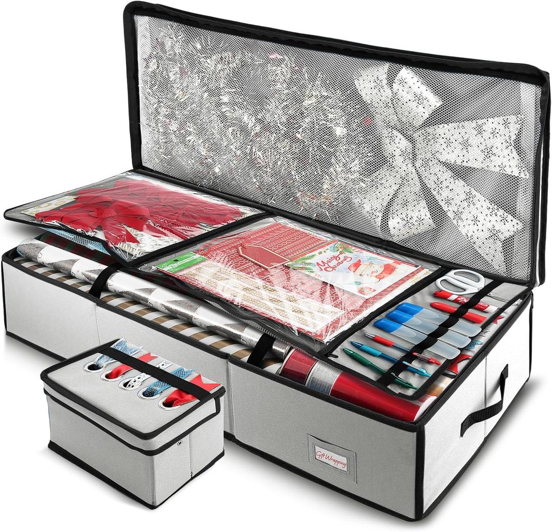 Hearth & Harbor Wrapping Paper Storage Container - Christmas Storage Bag with Ribbon Dispenser and Interior Pockets - Gift Wrap Organizer Fits Up to 26 Rolls of 40" Length, Silver (Large)