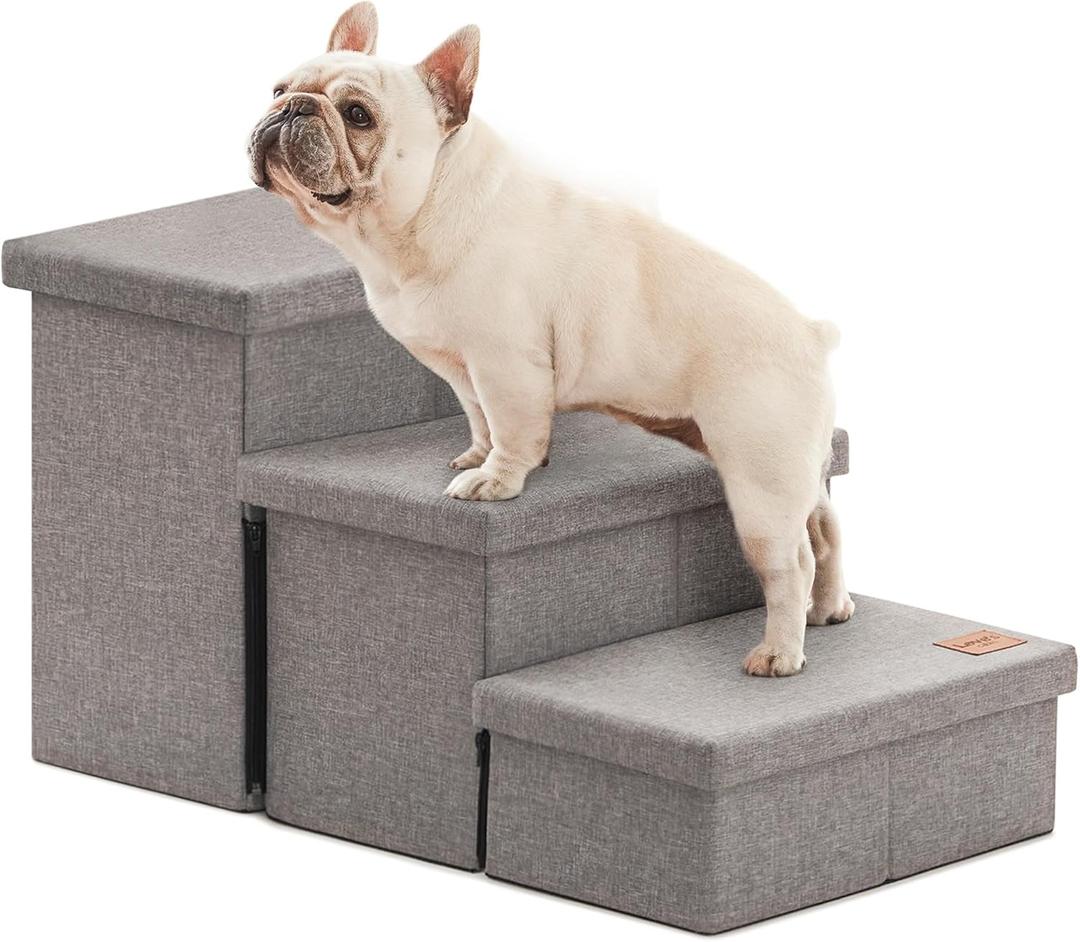 Love's cabin Dog Stairs for High Bed 18" H, Foldable Pet Stairs for Small Medium or Large Dogs Puppy with Storage for Bed or Couch, Cat Dog Steps Ramp with Zip up to 200 lbs, Solid Grey, 3 Steps