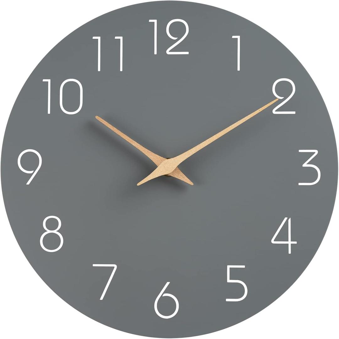 Mosewa Wall Clock 14 Inch Gray Battery Operated Silent Non Ticking Simple Modern Wood Clock Decorative for Bedroom Living Room Kitchen Home Office