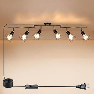 HiBay Plug in Track Lighting, 6-Light Rotatable Ceiling Light Fixture Black, Industrial Plug-in Track Lights with 16.4Ft Power Cord and in-Line On/Off Rocker Switch for Kitchen Living Room Office
