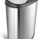 Ninestars 13 Gallon Oval Automatic Trash Can, 50L Touchless Motion Sensor Garbage Can with Odor-Sealing Lid & One-Touch Manual Mode, Silver Stainless Steel, Black Trim