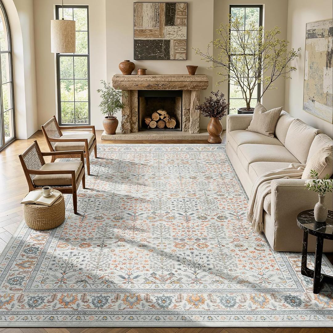 Lofus 9x12 Washable Area Rug for Living Room, Non-Slip Beige Boho Carpet