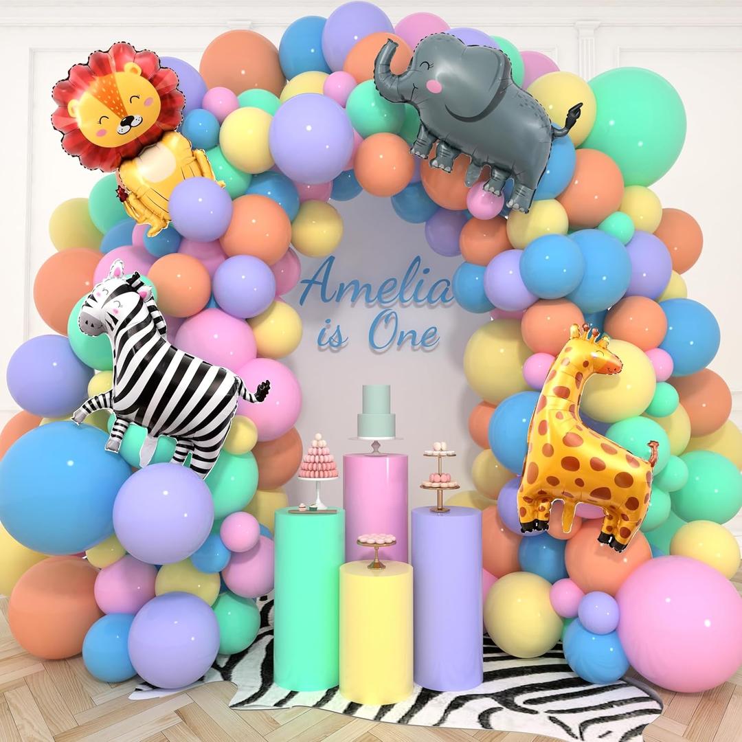 Cute Animal Balloon Garland Arch,152Pcs Colorful Balloons with Zebra Elephant Giraffe and Lion Foil Balloons for Baby Shower Kids' Woodland Animals Zoo Theme Birthday Party Supplies Decorations