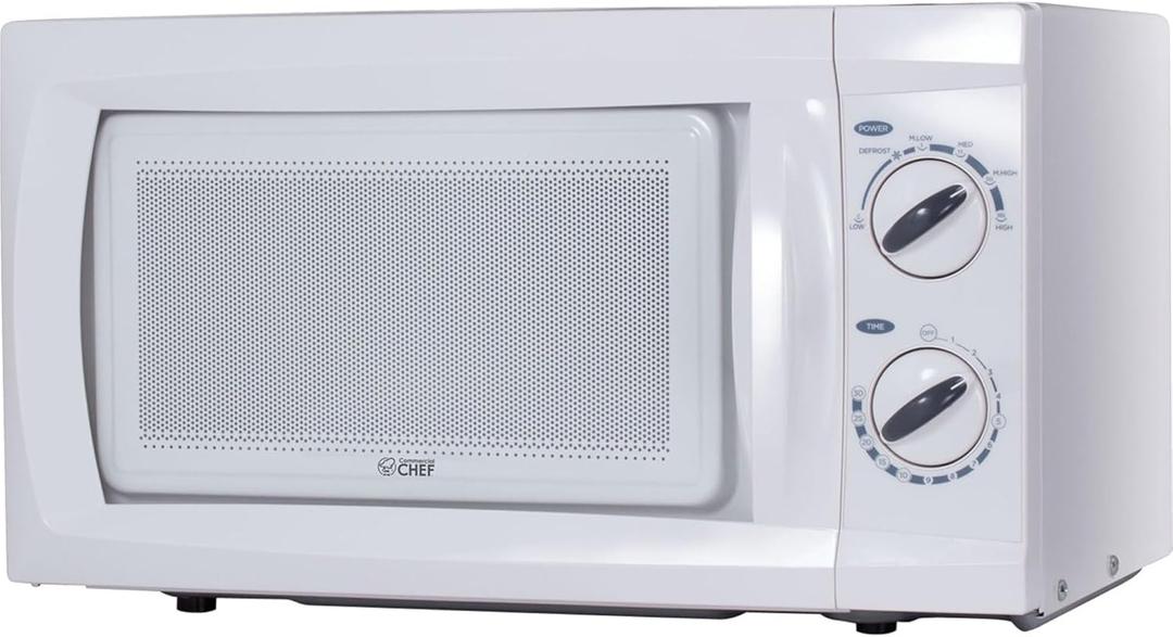 COMMERCIAL CHEF 0.6 Cubic Foot Microwave with 6 Power Levels, Small Microwave with Push Button Door, 700W Countertop with 30 Minute Timer and Mechanical Dial Controls, White