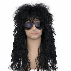 70s 80s Rocker Wigs for Men and Women, Rockstar Wig Long Curly Mullet Wigs for Halloween Rock Star Punk Cosplay Costume Party Accessory(Black)