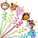 3 x 24 Reusable Jungle Animal Straws for Lion Fox Safari Party Supplies Favors,Woodland Birthday Party Supplies Gift with 2 Cleaning Brushes