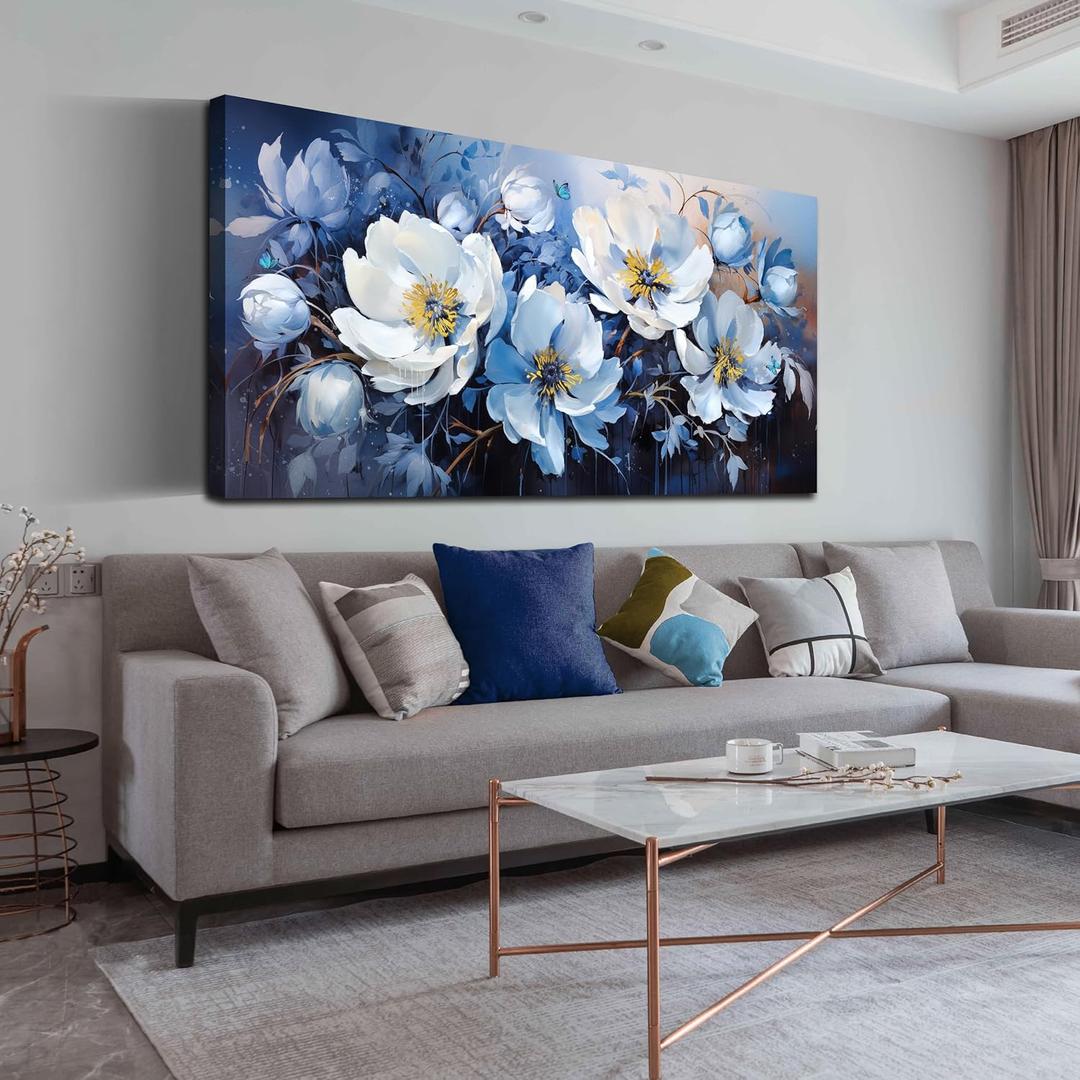 Large Canvas Wall Art Blue White Flower Picture Modern Framed Canvas Prints Ready to Hang for Living Room Bedroom Home Office Size 60L" x 30W"