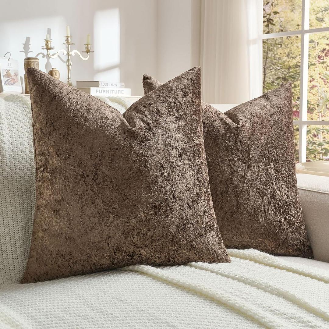 FUTEI Dark Coffee Flannel Throw Pillow Covers 18x18 Inch Set of 2,Soft Dimensional Textured Cushion Cases,Modern Home Decor for Couch Living Room