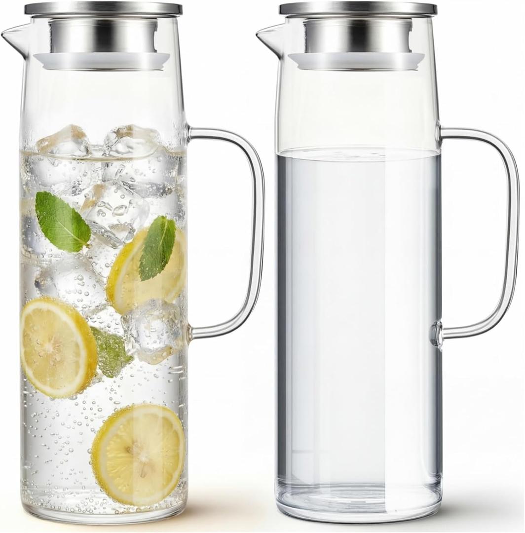 Hsei 2 Sets Glass Pitcher with Lid, 50 oz / 1500 ml Water Carafe with Handles Hot Cold Beverage Water Jar Glass Jug for Tea Juice Milk Coffee Iced Beverage (Stainless Steel Lid)