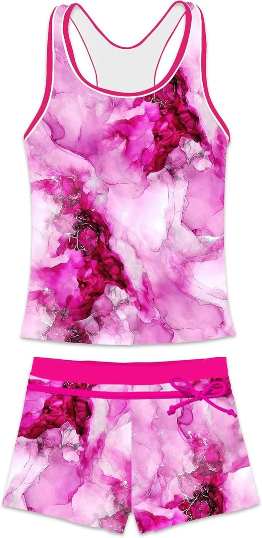 Little Girls' Summer Swimwear Two Piece Boyshort Tankini Kids Swimsuit (12-13 Years, Dream Rose)