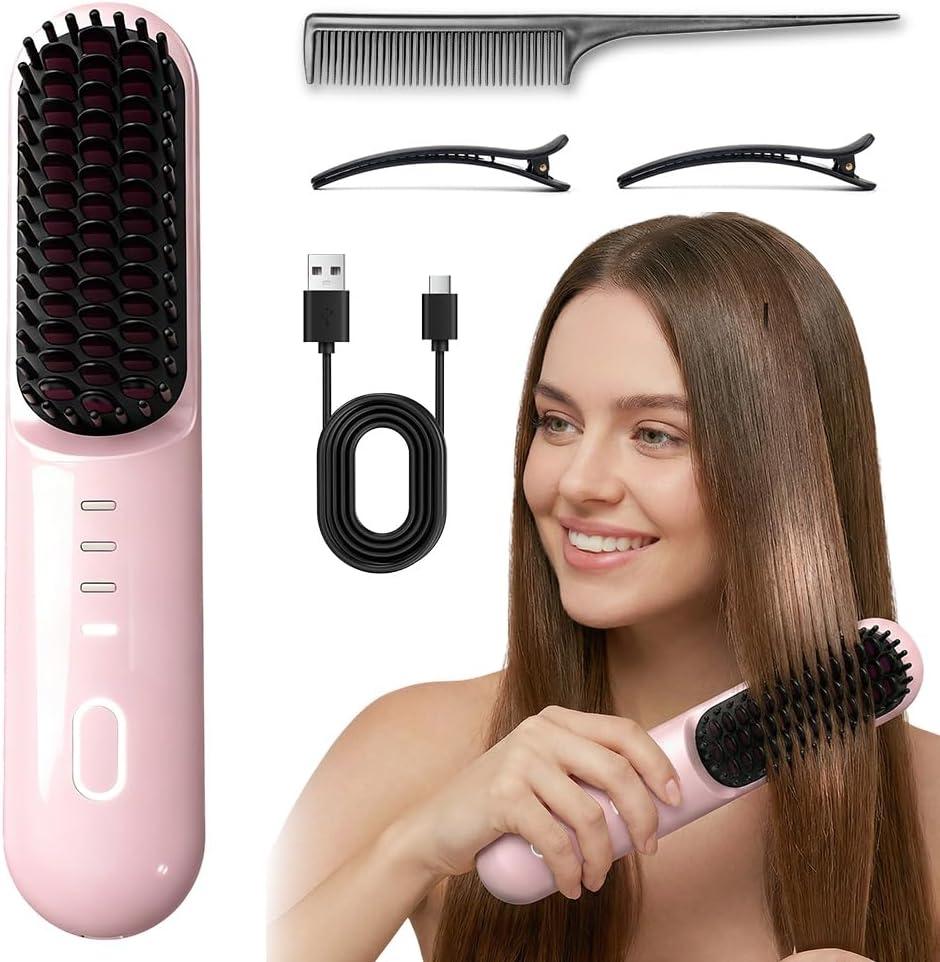 Go Brush - Pro for Short Hair - 2026 Upgraded Cordless Straightening Brush with 30s Fast Heat, 3 Temperature Settings, Ionic & Ceramic Care, 2500mAh USB-C Rechargeable for Frizz-Free Styling (Pink)
