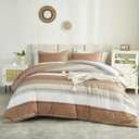 Full Size Comforter Sets Beige, 3 Pieces Lightweight Taupe Khaki White Colorblock Stripe Fluffy Bedding Comforter Sets, All Season Bed Set