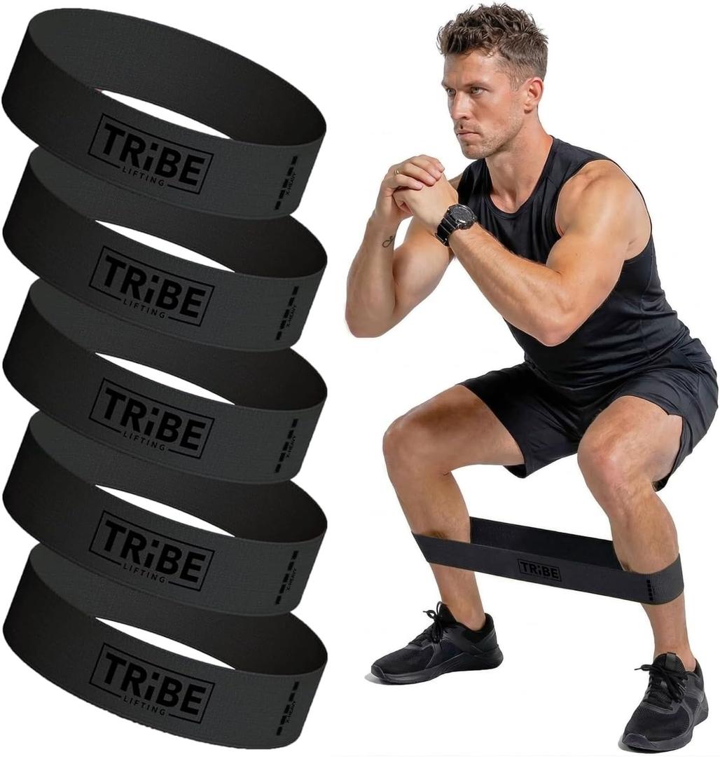 Tribe Lifting Fabric Resistance Bands for Working Out - 5 Exercise Bands Set for Legs and Glutes - Booty Bands for Women and Men - Thick Cloth Workout Bands for Physical Therapy, Hip Training (X-Heavy Black)