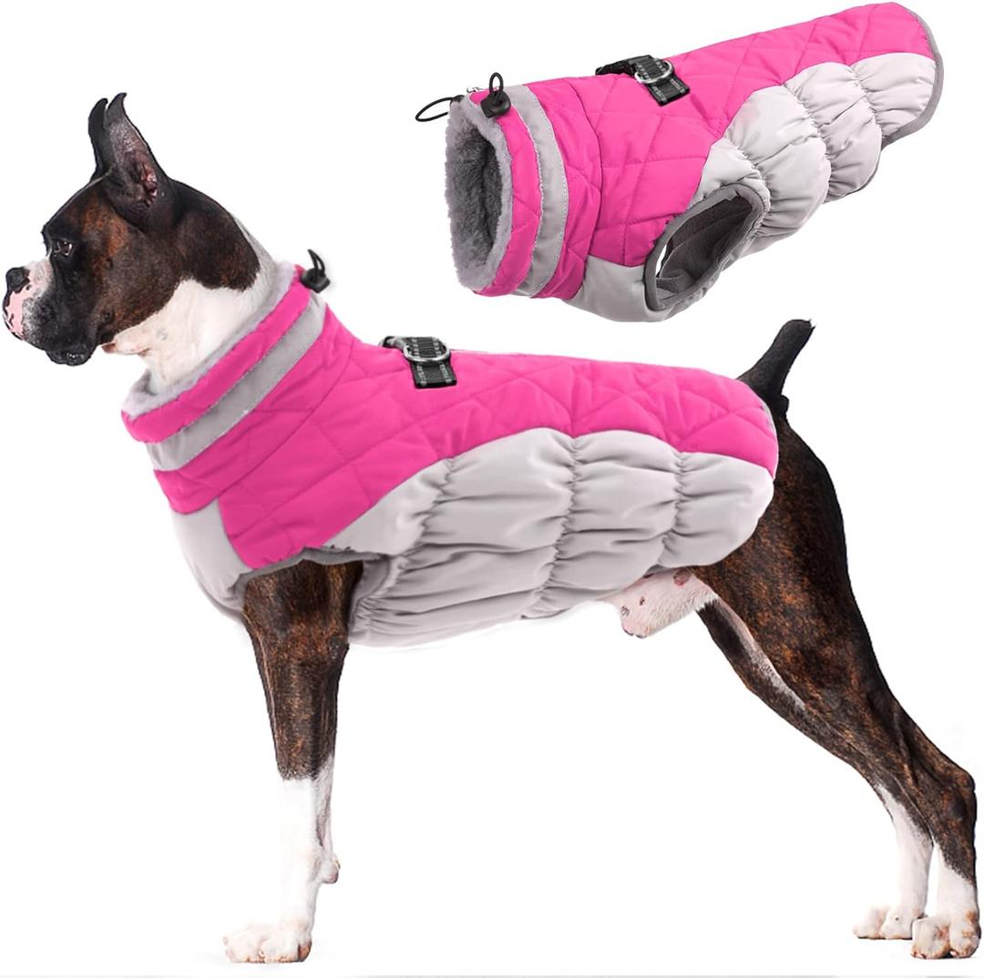 Lelepet Dog Coat Warm Dog Winter Coat Waterproof Dogs Jacket with Harness Built in Reflective Pet Fleece Vest Zip-Up Cold Weather Coats for Large Dogs Turtleneck & Windproof Coats Boxer Rose Red XL